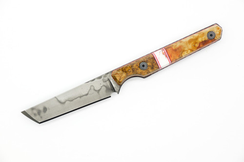Lex Rex Customs - EDC Deathstick - 2.75" W2 Steel Fixed Knife W/ Burl Wood W/ White & Red Liner Handle 