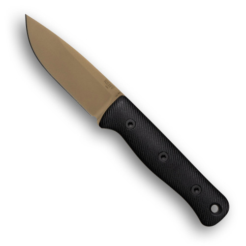 Reiff Knives: F4 Bushcraft - Fixed Blade - CPM 3V - Saber - FDE PVD - Black Canvas Micarta Handles - Black Kydex Sheath