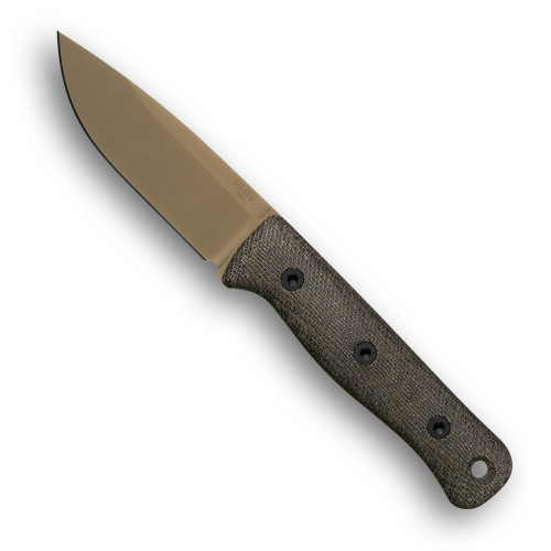 Reiff Knives: F4 Bushcraft - Fixed Blade - CPM 3V - Saber - FDE PVD - Green Canvas Micarta Handles - Black Kydex Sheath