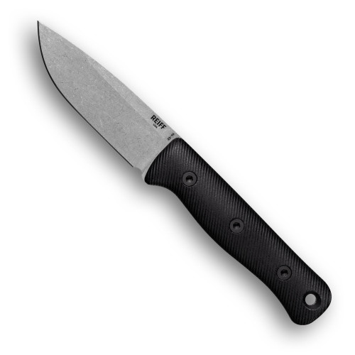 Reiff Knives: F4 Bushcraft - Fixed Blade - CPM 3V - Saber - Stonewash - Black Canvas Micarta Handles - Black Kydex Sheath