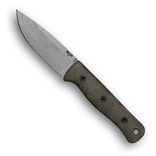 Reiff Knives: F4 Bushcraft - Fixed Blade - CPM 3V - Saber - Stonewash - Green Canvas Micarta Handles - Black Kydex Sheath