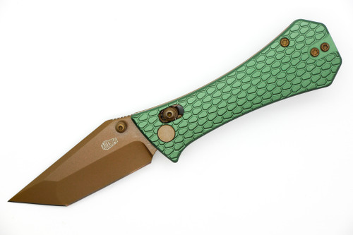 Aux Mfg - Pocket Tanto CB - 2.75" Rose Gold PVD 14c28n Steel Folding Blade w/ Green Milled Aluminum Handles