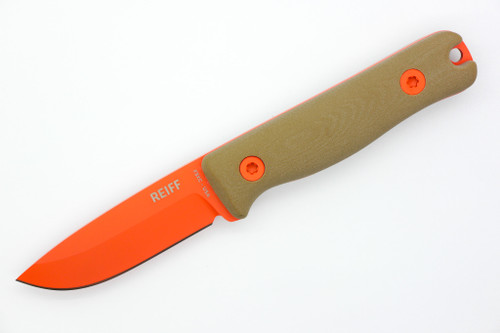 Reiff Knives: F3 Extreme Conditions - Field Survival Knife - Fixed Blade - CPM 3v, Saber, Hi-Vis Orange Blade, Coyote Tan G10 Handle, Brown Leather Sheath