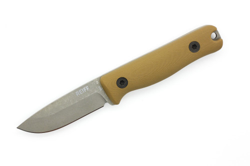Reiff Knives: F3 - Fixed Blade - CPM 3V - Saber, Stonewash, Coyote Tan G-10, Brown Leather Sheath