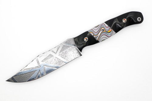 Half Face Blades - Crow Scout - Polished Multilayered Acid Etched S45VN Blade, Black Rams Horn W/ Fordite Split, Mosaic Pins, Aluminum Lanyard Pin, Textured Grip