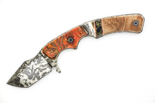 Lex Rex Customs - Wraith - 2" Alabama Damascus Steel Fixed Knife W/ Orange Acrylic Resin W/ Black & Copper Trustone & Maple Burl Handle 
