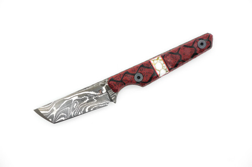 Lex Rex Customs - Mini Deathstick - 2" Damasacus Steel Fixed Knife W/ Red & Black Grip-X W/ White & Copper Tru-Stone & Red Liners Handle