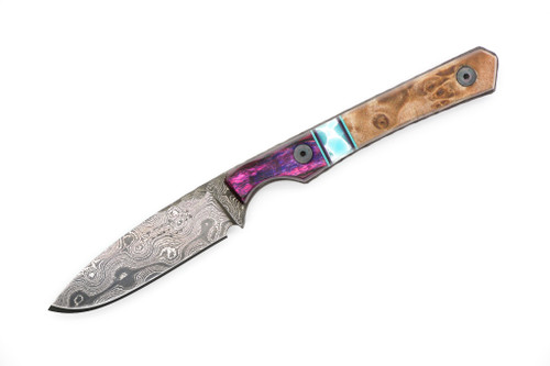Lex Rex Customs - EDC Goblin - 2.4" Alabama Damascus Steel Fixed Knife W/ Purple Wood W/ Blue & White Tru-Stone & Maple Burl Handle 