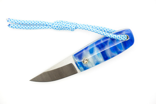 Toros Knife & Tool - Bear Claw - 2.1875" N690 Steel Fixed Blade W/ Blue & white Epoxy & Blue Leather Sheath 
