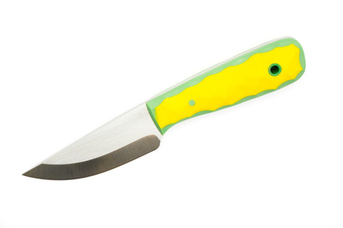 WK Forgeworks - Little Bird - 2.8" AEB-L Fixed Blade W/ Yellow over Green G-10 Handles & Neon Green Topographic Kydex