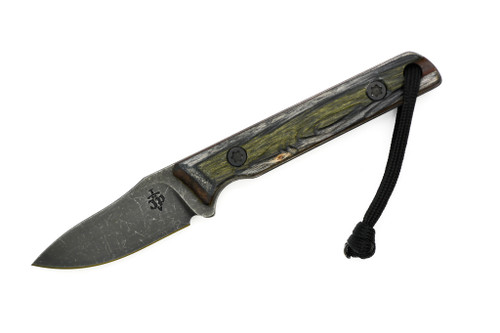 JP Bladesmithing - Fang EDC- 2.25" AEB-L Fixed Blade W/ Mirkwood Texture Green Mountain Camo Dymalux Handle & Black Leather Sheath