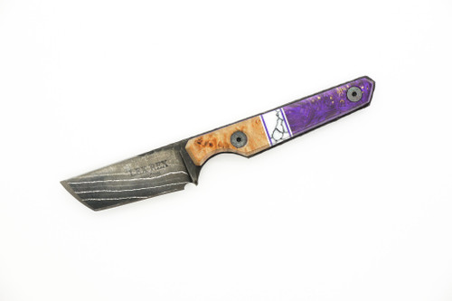 Lex Rex Customs - Mini Deathstick - 2" Alabama Damascus Steel Fixed Blade W/ Maple Stabilized Wood W/ Tru-Stone & Purple Epoxy Handle 