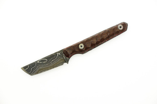 Lex Rex Customs - Mini Deathstick - 2" Alabama Damascus Steel Fixed Blade W/ Brown Burlap W/ Red Liner Handle 