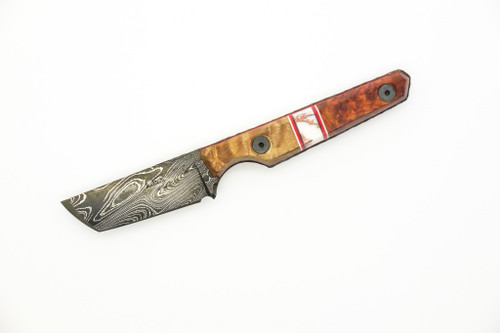 Lex Rex Customs - Mini Deathstick - 2" Alabama Damascus Steel Fixed Blade W/ Burl Wood W/ White Tru-Stone & Red Liners Handle 