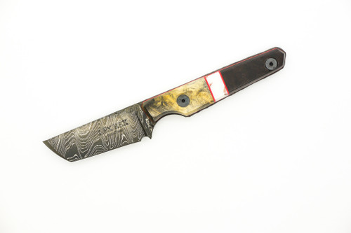 Lex Rex Customs - Mini Deathstick - 2" Alabama Damascus Steel Fixed Blade W/ Burl Wood W/ White Tru-Stone & Dark Epoxy Handle 