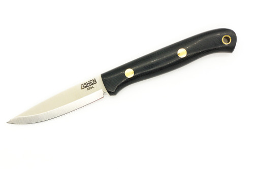 Lishen Knives - Little Fowl - 2.8" AEB-L Scandi Grind Fixed Blade W/ Black Canvas Micarta W/ Brass Pins Handle