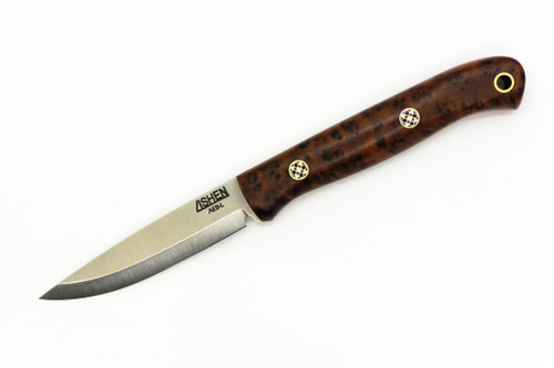 Lishen Knives - Little Fowl - 2.8" AEB-L Scandi Grind Fixed Blade W/ Thuya Burl W/ Mosaic Pins Handle