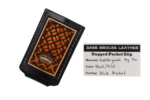 Sage Grouse Leather Tooled Pocket Knife Slip, Black/Rust "Block Basket" Pattern, X-Small