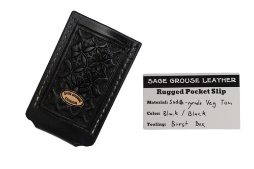 Sage Grouse Leather Tooled Pocket Knife Slip, Black/Black "Burst Box" Pattern, X-Small