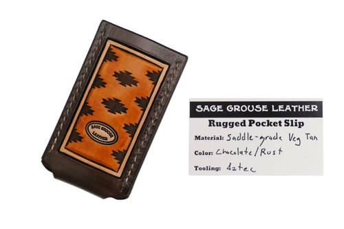 Sage Grouse Leather Tooled Pocket Knife Slip, Chocolate/Rust "Aztec" Pattern, Small