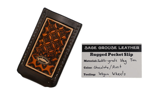 Sage Grouse Leather Tooled Pocket Knife Slip, Chocolate/Rust "Wagon Wheels" Pattern, Small