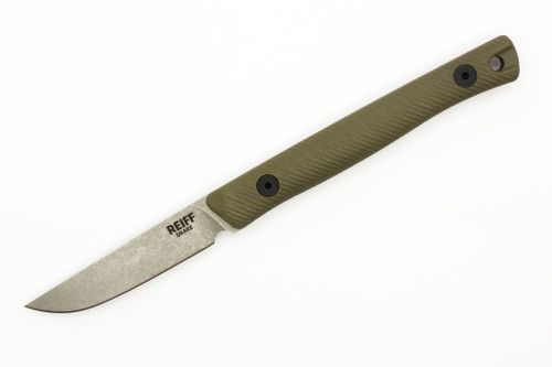 Reiff Knives - Drake - Fixed Blade - MagnaCut, Flat Full Grind, Stonewash, OD Green G-10, Black Kydex Sheath, Ambi