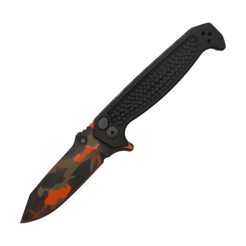 Half Face Blades -TKC Exclusive Disaster Folder Dimpled Black Aluminum Integral,  Hellfire Camo S45VN