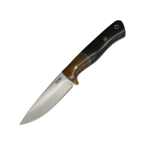 7Forge Knives Expedition, Vintage Canvas Micarta Bolster, Black Richlite w/ Mosaic Pins, Blue G10 Liners, 52100