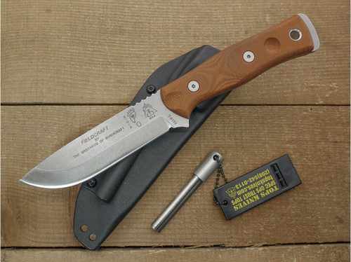 TOPS Knives, BROS-TBF B.O.B. (Brothers Of Bushcraft) Fieldcraft Uncoated Fixed Blade Knife w/ Tan Canvas Micarta Handle