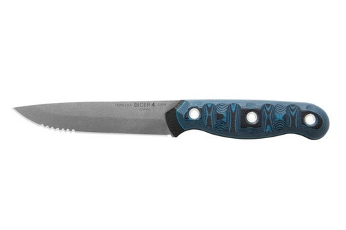 TOPS Knives Dicer 4 Steak Knife - Tumble Finish - SERRATED 4.38" Blade - CPM S35VN Steel - Black Canvas Micarta/Blue and Black G10 Handle