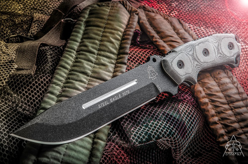 TOPS Knives Steel Eagle 107E - Black Traction Coating - Hunters Point - Black Linen Micarta Handle