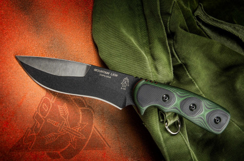 TOPS Knives Mountain Lion, MTLN-01 - Black Traction Coated Blade - Black and Green G10 Handle