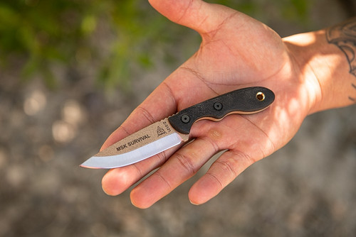 TOPS Knives  Mini Scandi Survival - MSK-SURV - Coyote Tan Traction Coated Blade - Black Canvas Micarta