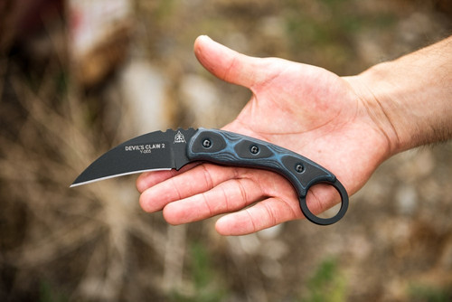TOPS Knives, Devil's Claw 2 - DEVCL-02, Black Traction Coated 1095 Blade, Blue and Black G10 Handle
