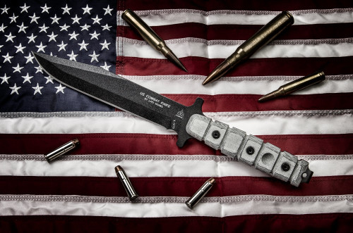 TOPS Knives US Combat Knife, US-01 - Black Traction Coated 7.5" Blade - Black Linen Micarta Handle