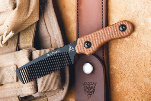 TOPS Knives, Tac-Rake Beard Comb, Black Power Coat w/ Tan Canvas Micarta Handle, Leather Case