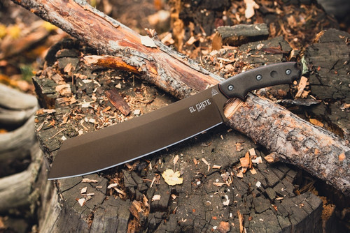 TOPS Knives El Chete - Midnight Bronze Blade - Green Over Black Canvas Micarta Handle - Leather Dangler D-Ring Carry