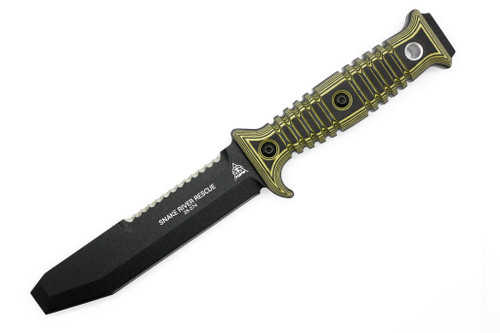 TOPS Knives - Snake River Rescue - Black Traction Coated N690co Steel Fixed Blade - Black & Yellow G-10 Handle