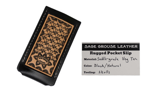 Sage Grouse Leather Tooled Pocket Knife Slip, Black/Natural "Skulls" Pattern, Medium