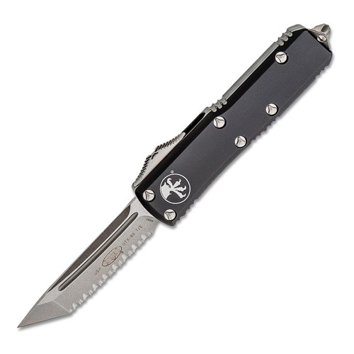 Microtech UTX-85 Tanto, Black Aluminum / Stonewash M390, Fully Serrated - 233-12