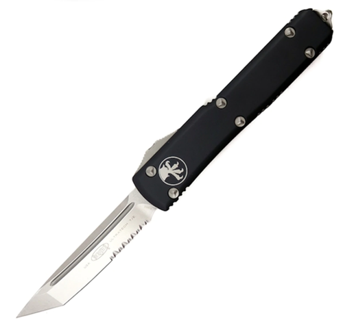 Microtech Ultratech Tanto, Black Aluminum / Stonewash M390, Partially Serrated - 123-11