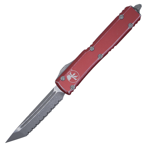 Microtech Ultratech Tanto, Distressed Red Aluminum / Stonewash Fully Serrated M390 - 123-12DRD