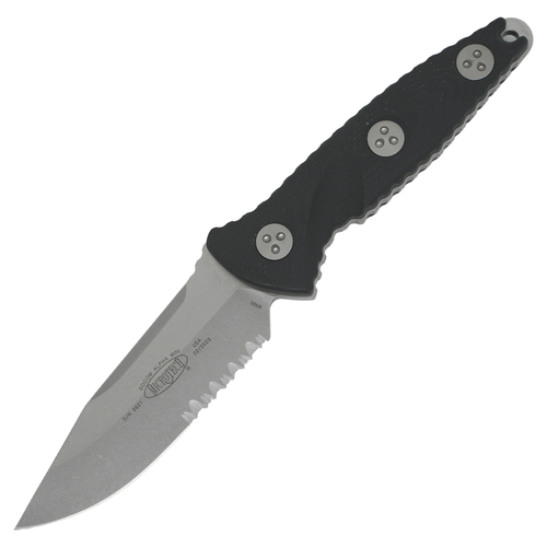 Microtech Alpha Mini Spearpoint, Black G10 / Stonewash Partially Serrated M390 - 113M-11