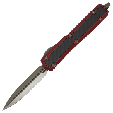Microtech Makora Double Edge Signature Series, Red Aluminum w/ Carbon Fiber Inlay / Bronze Stonewash M390 - 206-13RDCFIS