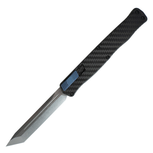 Heretic Knives Cleric II, Black Aluminum Handle w/ Carbon Fiber, Blue Titanium Accents, Stonewashed Tanto Blade H019-2A-CF/BLU