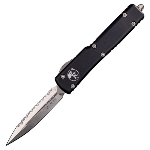Microtech UTX-70 Double Edge, Black Aluminum / Fully Serrated Stonewash M390 - 147-12
