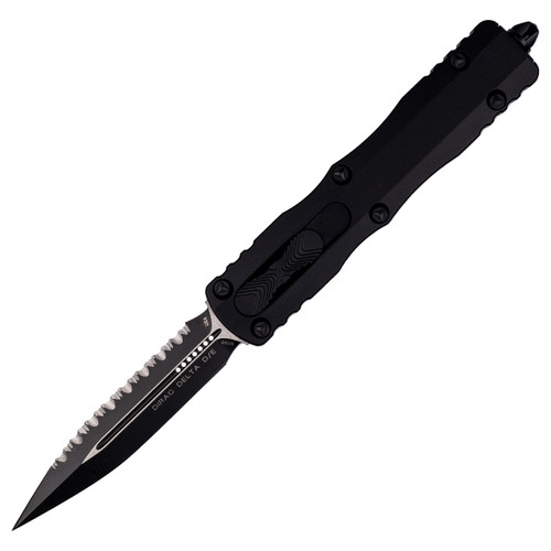 Microtech Dirac Delta Double Edge Tactical, Black Aluminum / Fully Serrated Black M390 - 227-3T