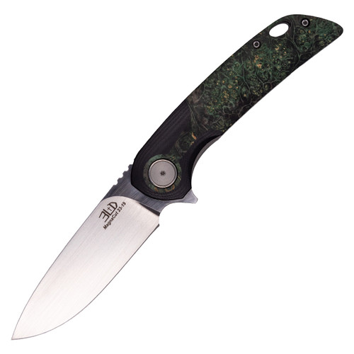 3LegDog Custom Model W5 Midi Drop Point Black G10 and Green Stabilized Wood Burl, Hand Satin MagnaCut
