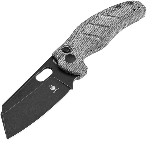 Kizer Sheepdog Button Lock, Black Canvas Micarta / Black 154CM - V4488BC1