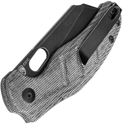 Kizer Sheepdog Button Lock, Black Canvas Micarta / Black 154CM - V4488BC1, closed